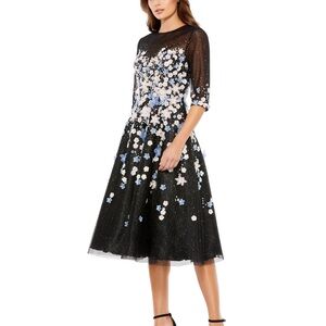 Mac Duggal Floral Embroidered A-line Tea-length Cocktail Dress